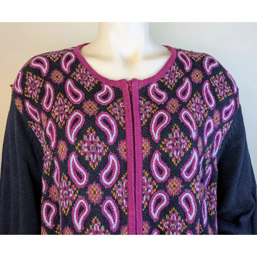 Joan Leslie Cardigan Sweater XL Berry Blue Paisley Embroidered Boho VTG NEW - Picture 2 of 12